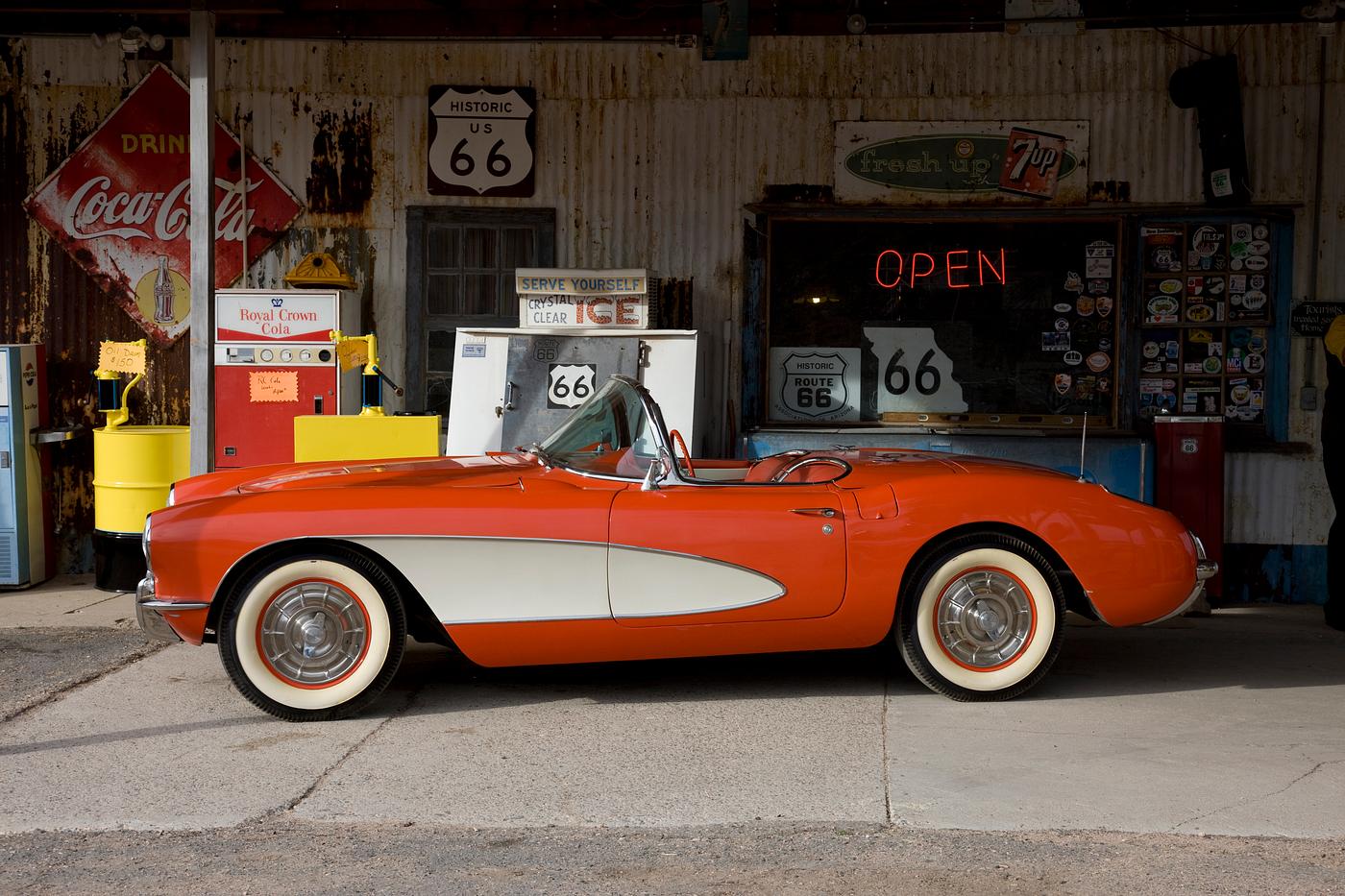 Carol M. Highsmith’s Arizona Photograph Corvette Car outside the Route 66 Hackberry General Store in Hackberry, Arizona. Original image from Carol M. Highsmith...