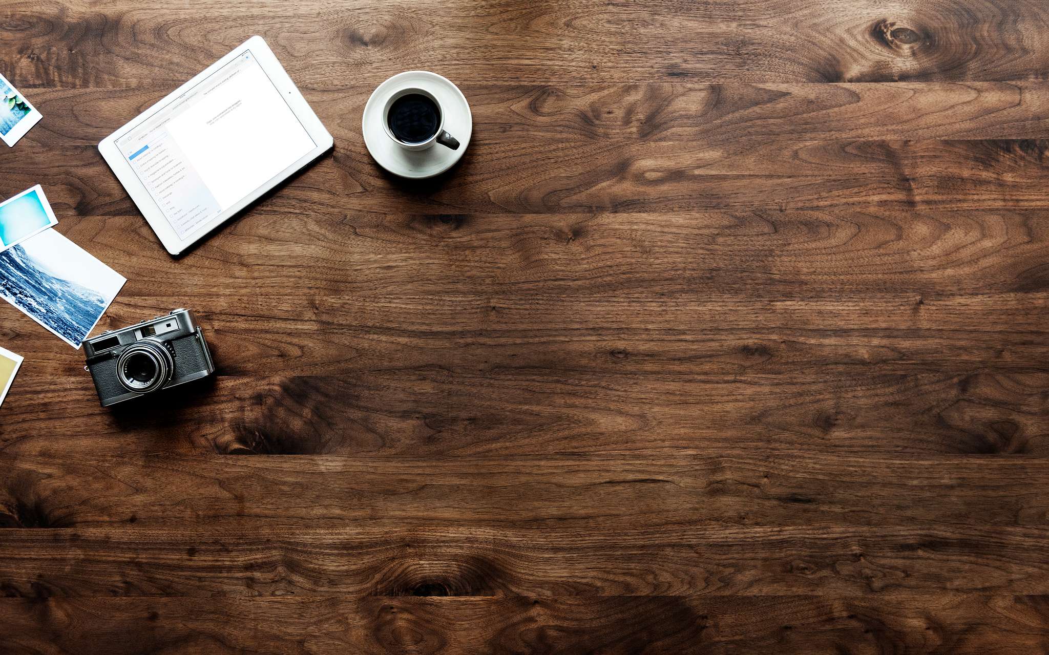 Aerial view of wooden table and photography hobby concept - ID: 385057