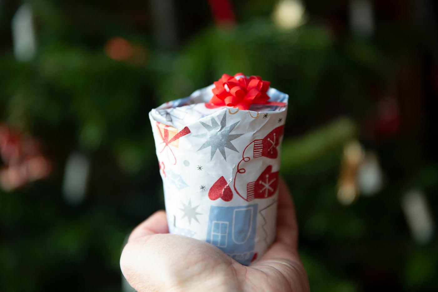 Hand holding a wrapped gift with a ribbon Hand holding a wrapped gift with a ribbon