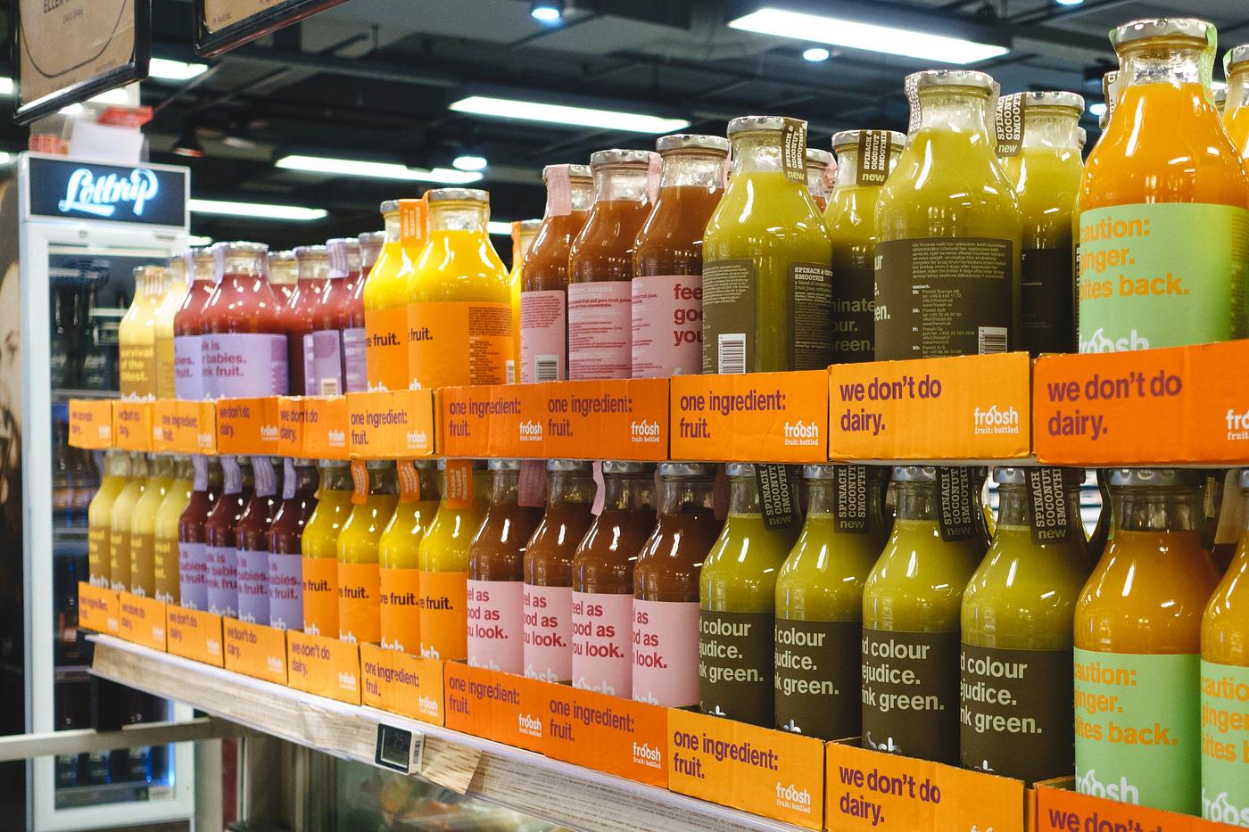 Bottles of fruit juice in a supermarket Bottles of fruit juice in a supermarket