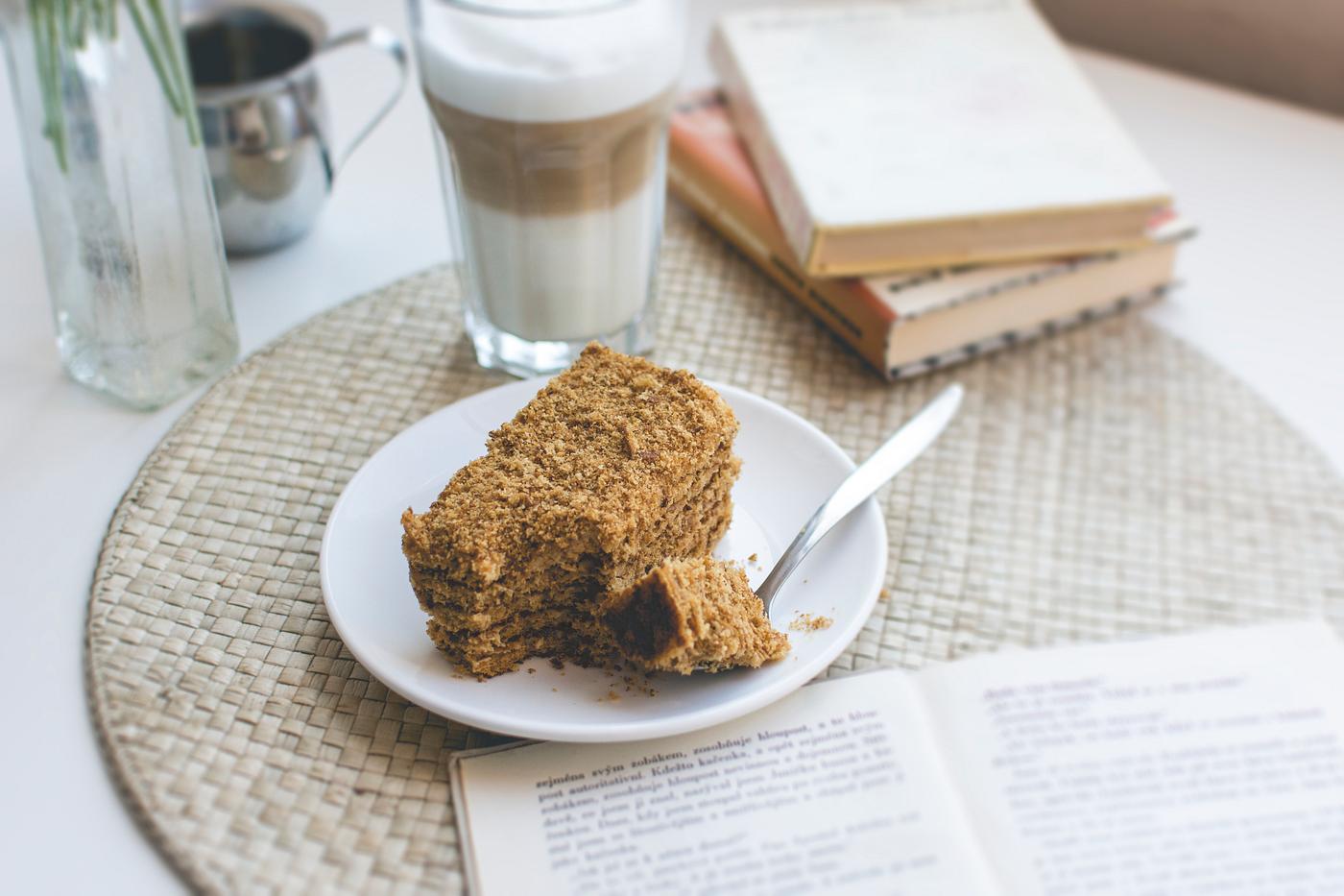 Traditional Czech honey cake with a cup of caffe latte Traditional Czech honey cake with a cup of caffe latte