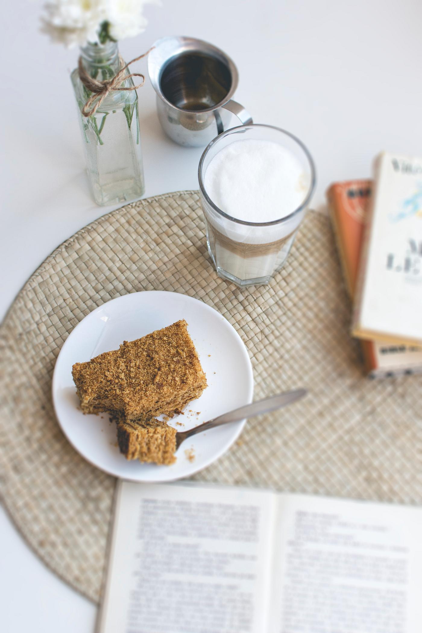 Traditional Czech honey cake with cafe latte Traditional Czech honey cake with cafe latte