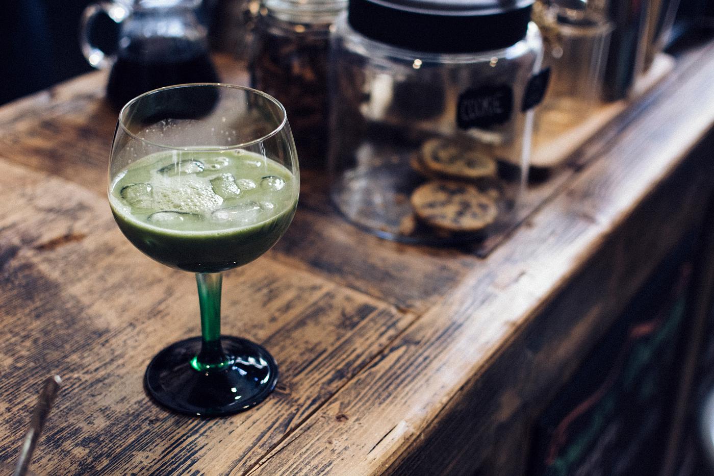 Matcha cocktail in a bar Matcha cocktail in a bar
