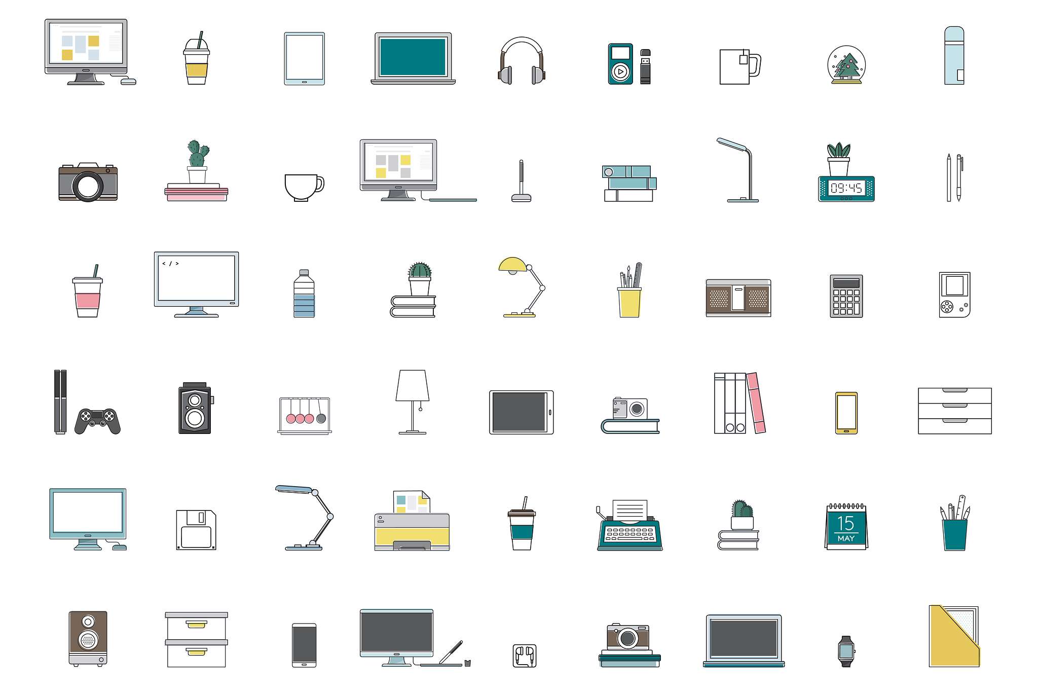 Vector of office supplies - aerial view, computer, electronic, equipment, gadgets, graphic, icon, illustration, interior,... Vector of office supplies - aerial view, computer, electronic, equipment, gadgets, graphic, icon, illustration, interior,...