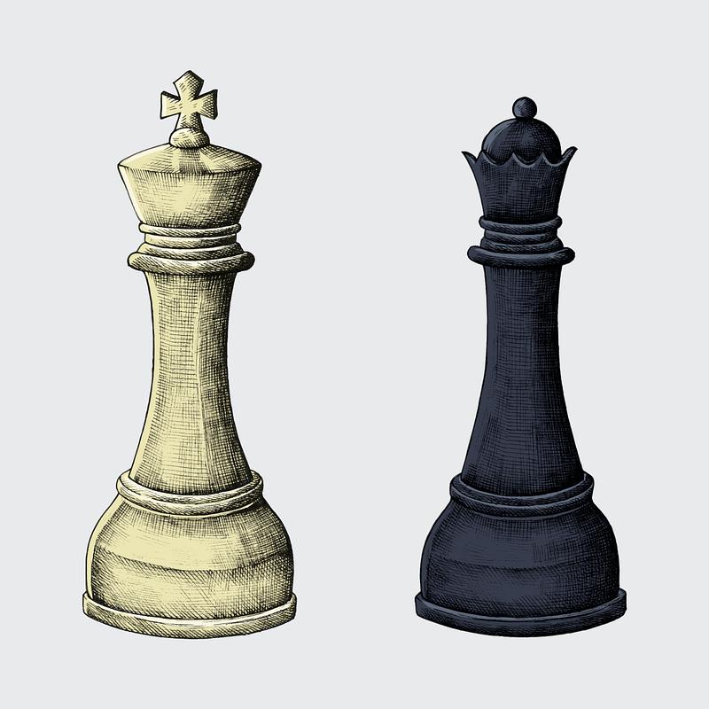 Hand-drawn chess king and queen illustration. 