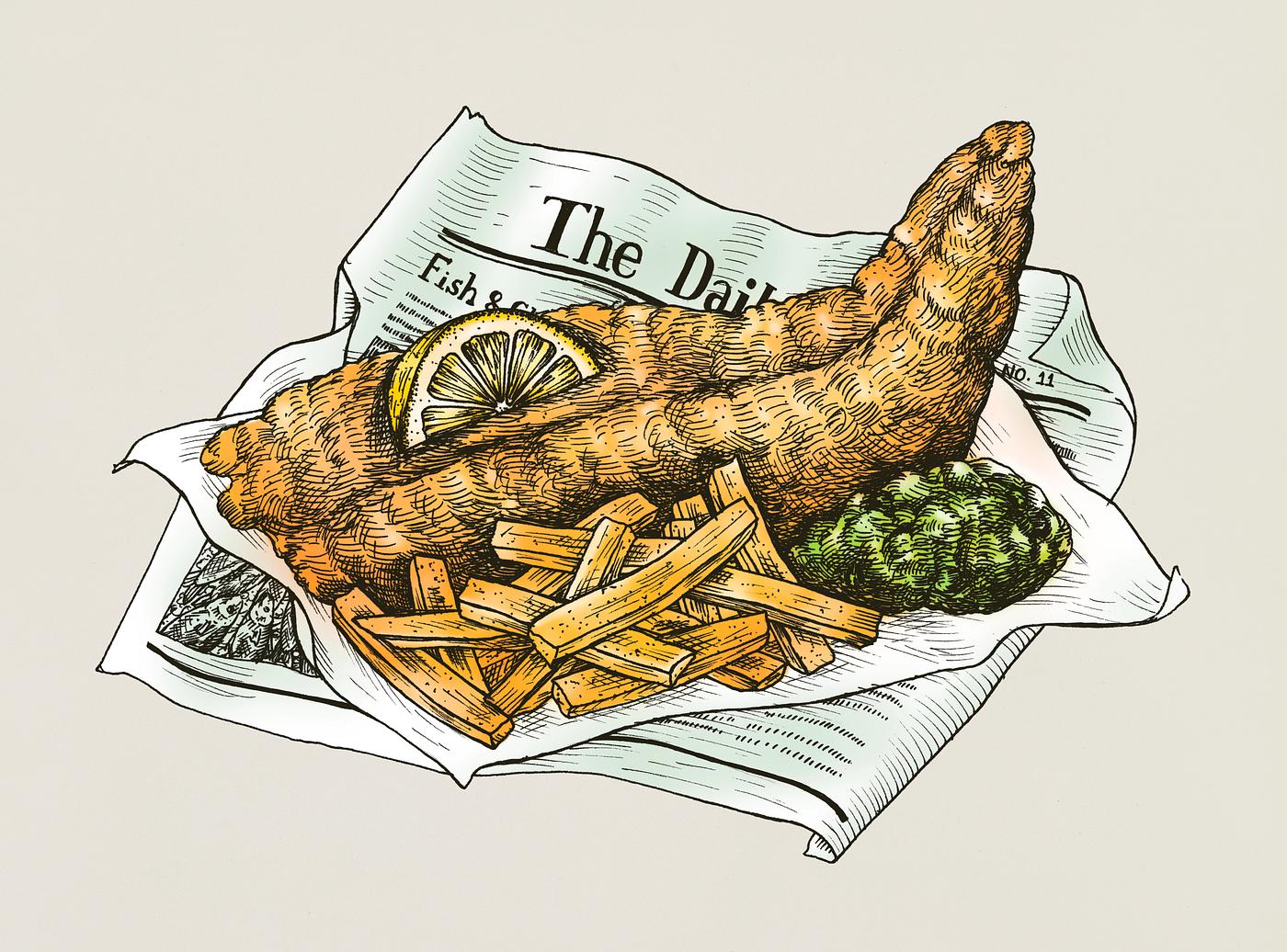 Detailed Fish n Chips drawing | Royalty free stock illustration - 410277