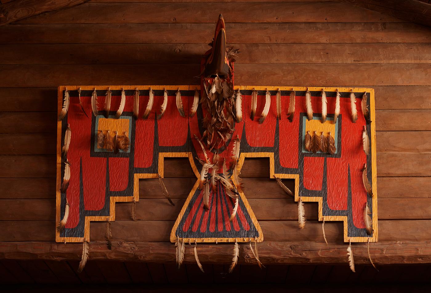 Carol M. Highsmith’s Arizona Photograph Indian thunderbird Native American art inside the 1905 Hopi House, which was built to resemble a Hopi Tribe pueblo, at Grand...