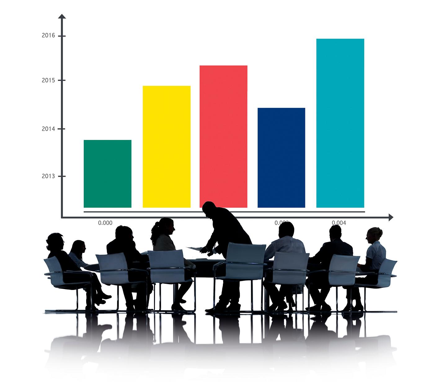 Bar graph illustration with silhouette of business people at a meeting table Bar graph illustration with silhouette of business people at a meeting table