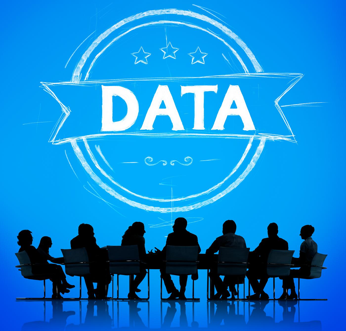 Data banner illustration with silhouette of business people at a meeting table - badge, banner, brainstorming, business,... Data banner illustration with silhouette of business people at a meeting table - badge, banner, brainstorming, business,...