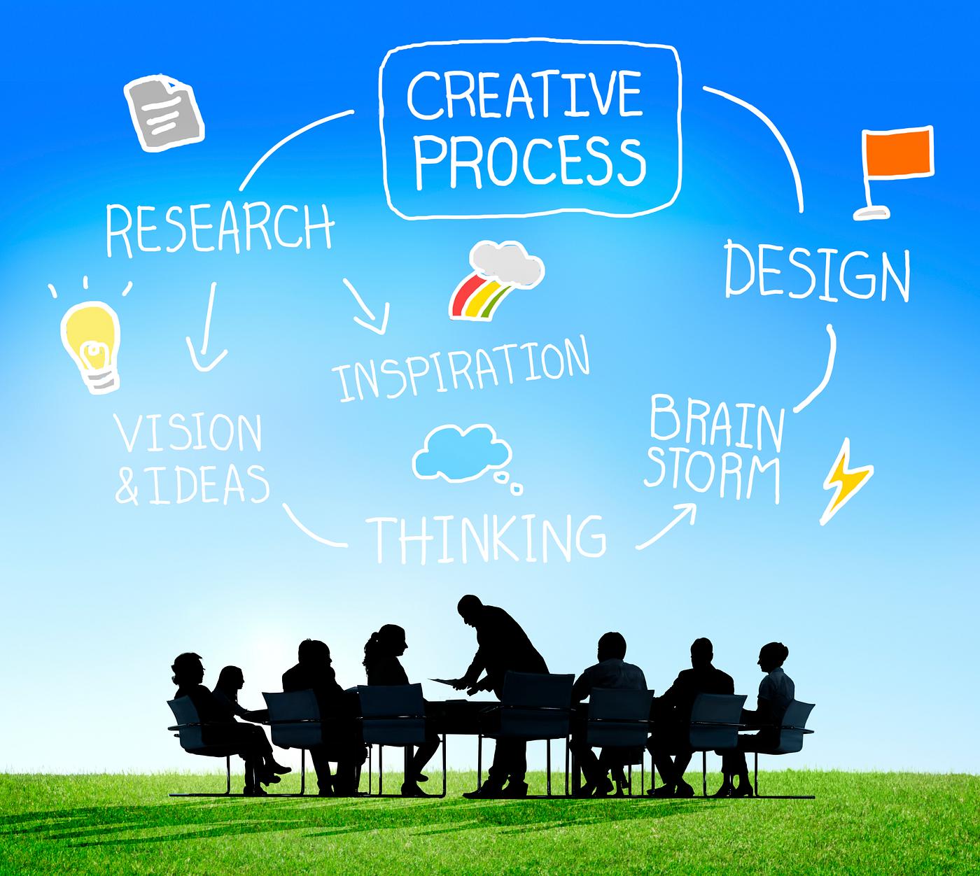 Creative process flowchart with silhouette of business people at a meeting table Creative process flowchart with silhouette of business people at a meeting table