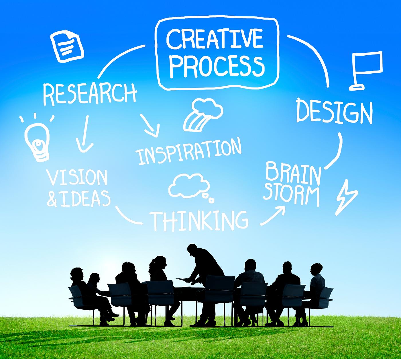 Creative process flowchart with silhouette of business people at a meeting table Creative process flowchart with silhouette of business people at a meeting table