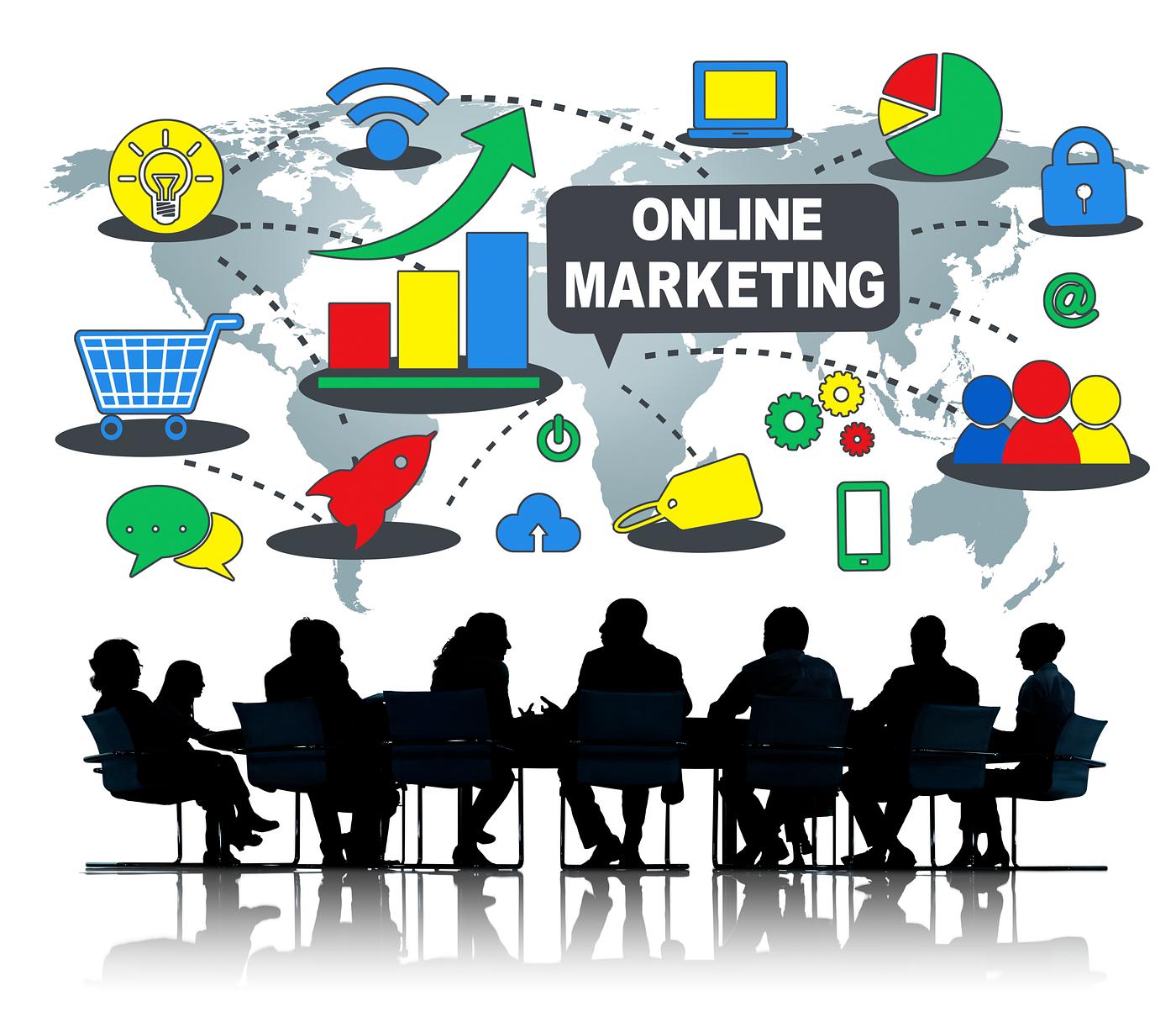 Online marketing world map illustration with silhouette of business people at a meeting table - advertisement, advertising,... Online marketing world map illustration with silhouette of business people at a meeting table - advertisement, advertising,...