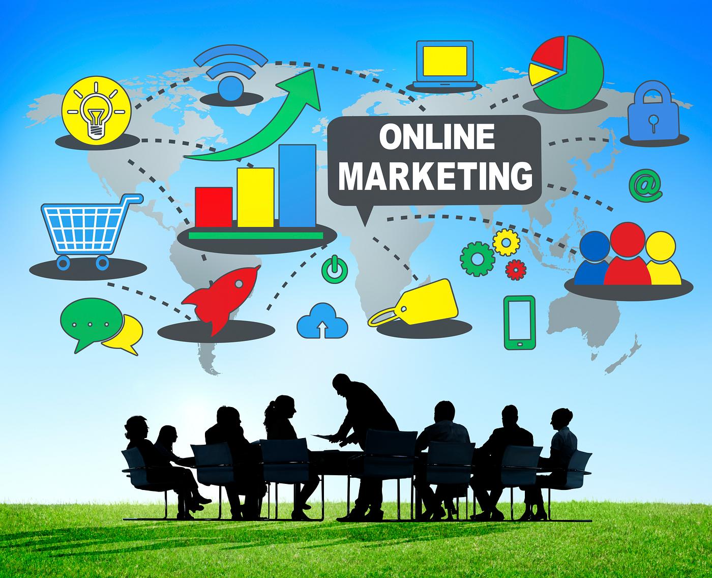 Online marketing world map illustration with silhouette of business people at a meeting table Online marketing world map illustration with silhouette of business people at a meeting table