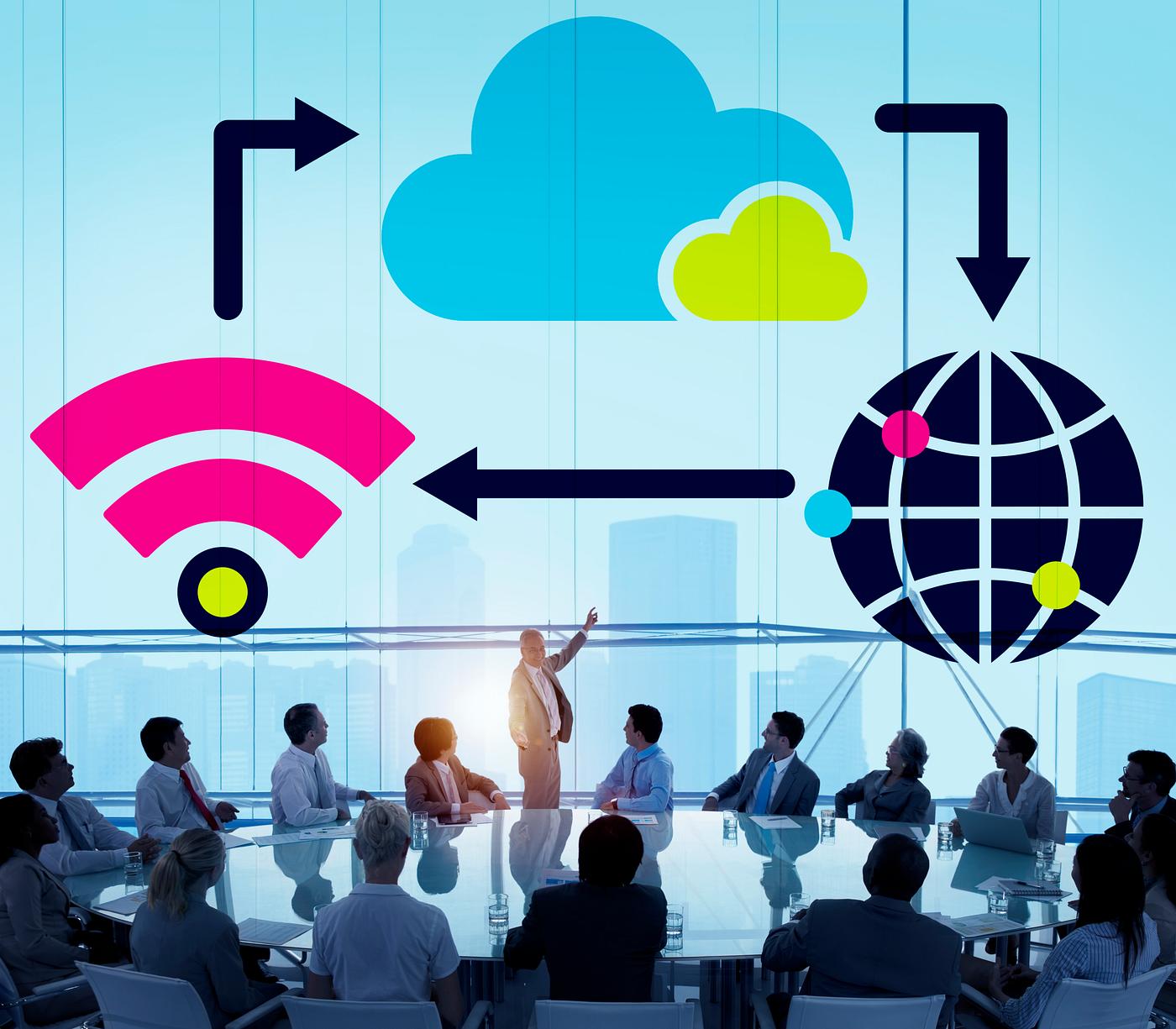 Cloud network illustration with silhouette of business people at a meeting table - brainstorming, business people,... Cloud network illustration with silhouette of business people at a meeting table - brainstorming, business people,...