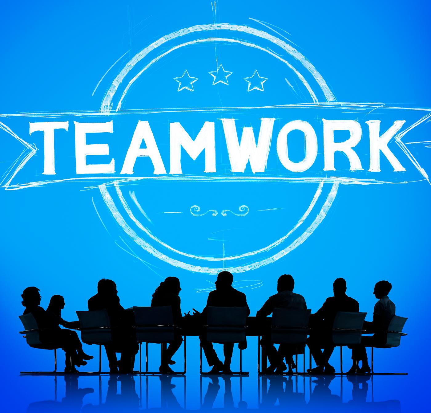 Teamwork banner illustration with silhouette of business people at a meeting table Teamwork banner illustration with silhouette of business people at a meeting table