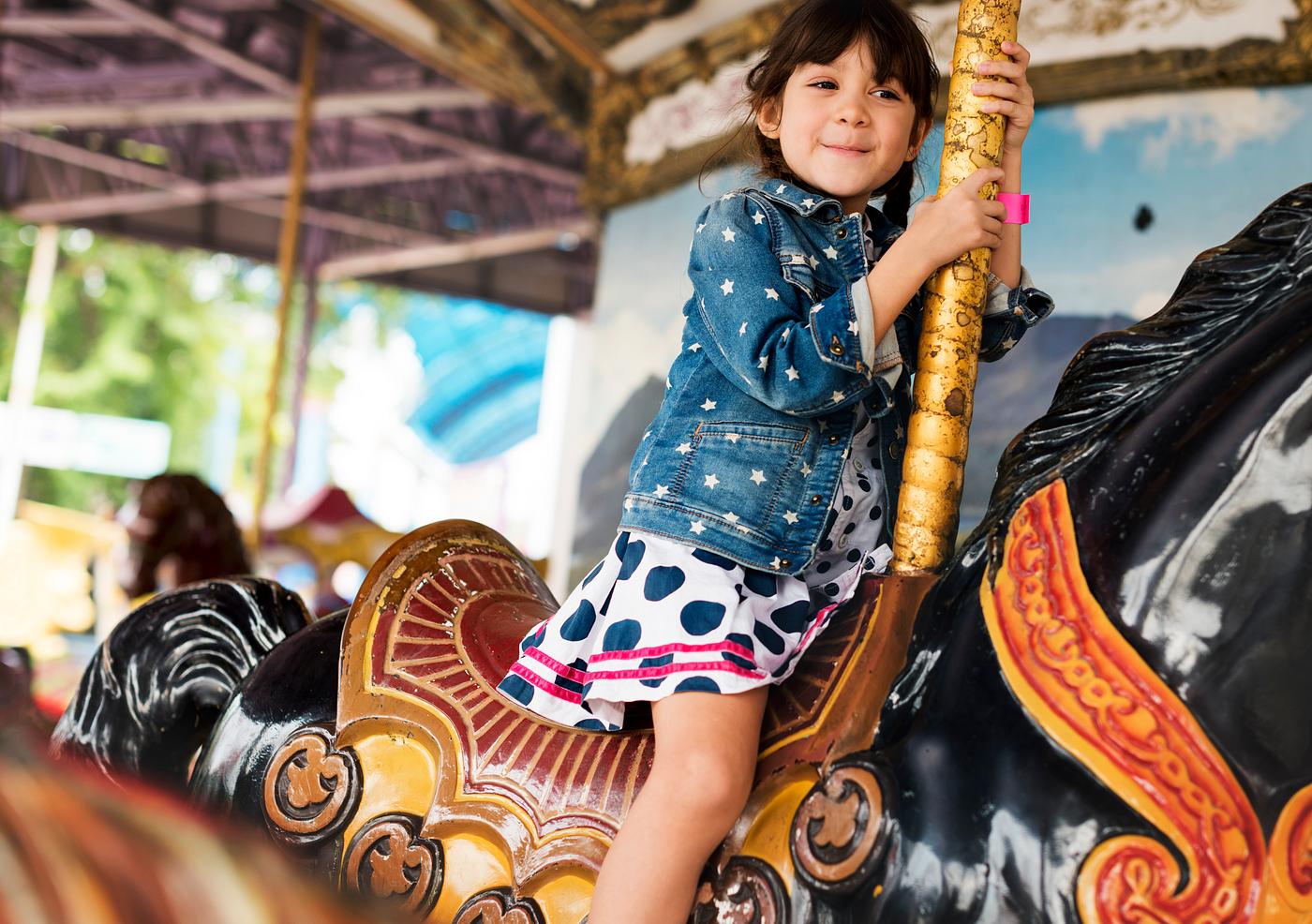 Little Girl Amusement Park Playful Merry Go Round Little Girl Amusement Park Playful Merry Go Round