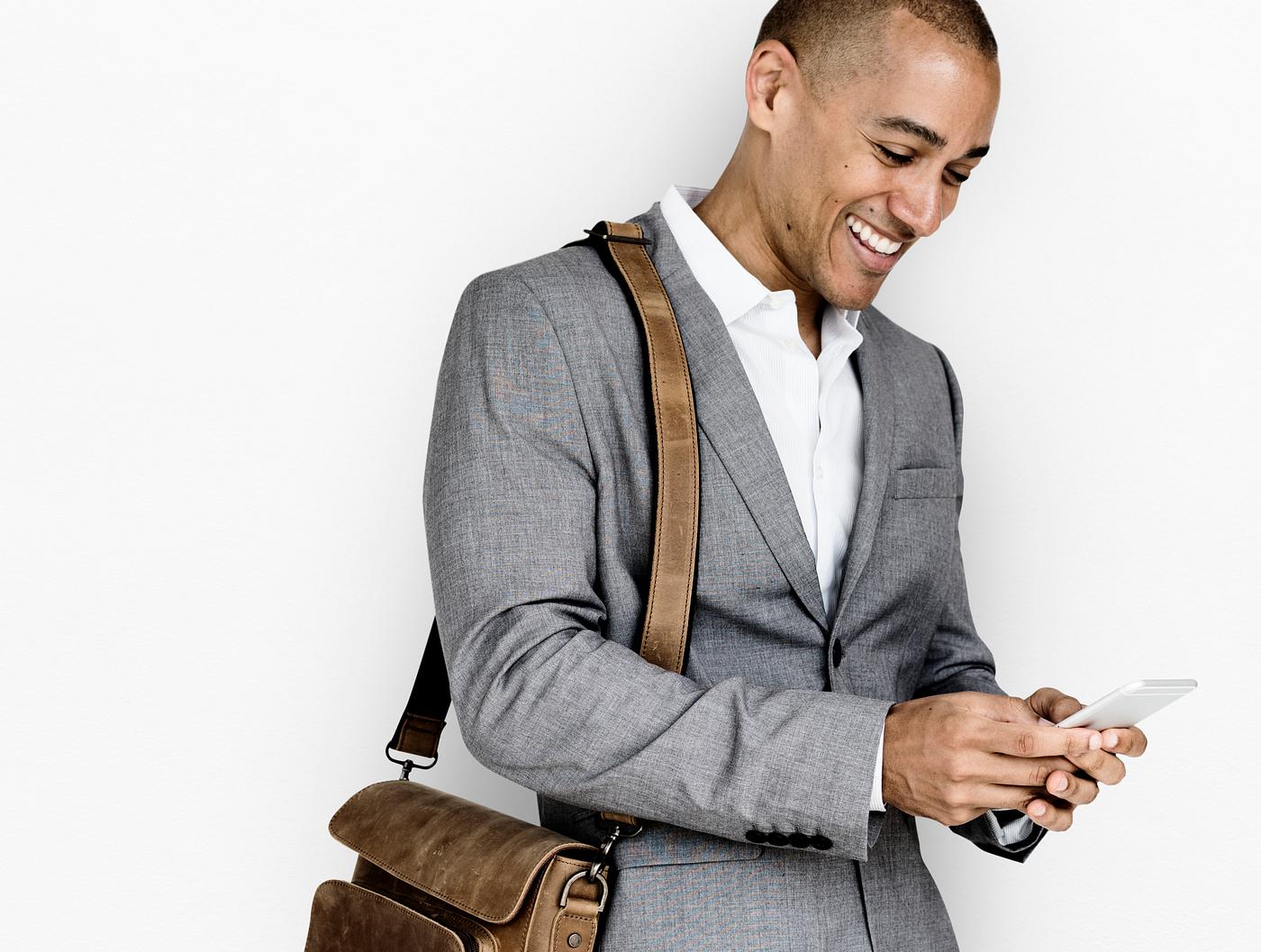 expression, studio, person, phone, business wear, messenger bag, isolated on white, joy, people, joyous, happy, messaging,... expression, studio, person, phone, business wear, messenger bag, isolated on white, joy, people, joyous, happy, messaging,...