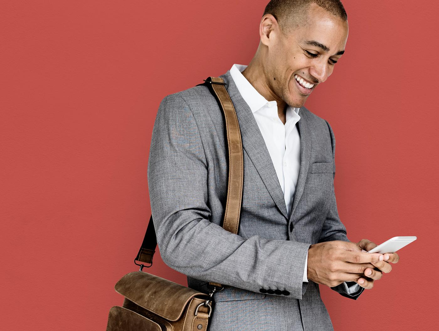 expression, studio, person, phone, business wear, messenger bag, joy, people, joyous, happy, messaging, smile, cheerful, man... expression, studio, person, phone, business wear, messenger bag, joy, people, joyous, happy, messaging, smile, cheerful, man...