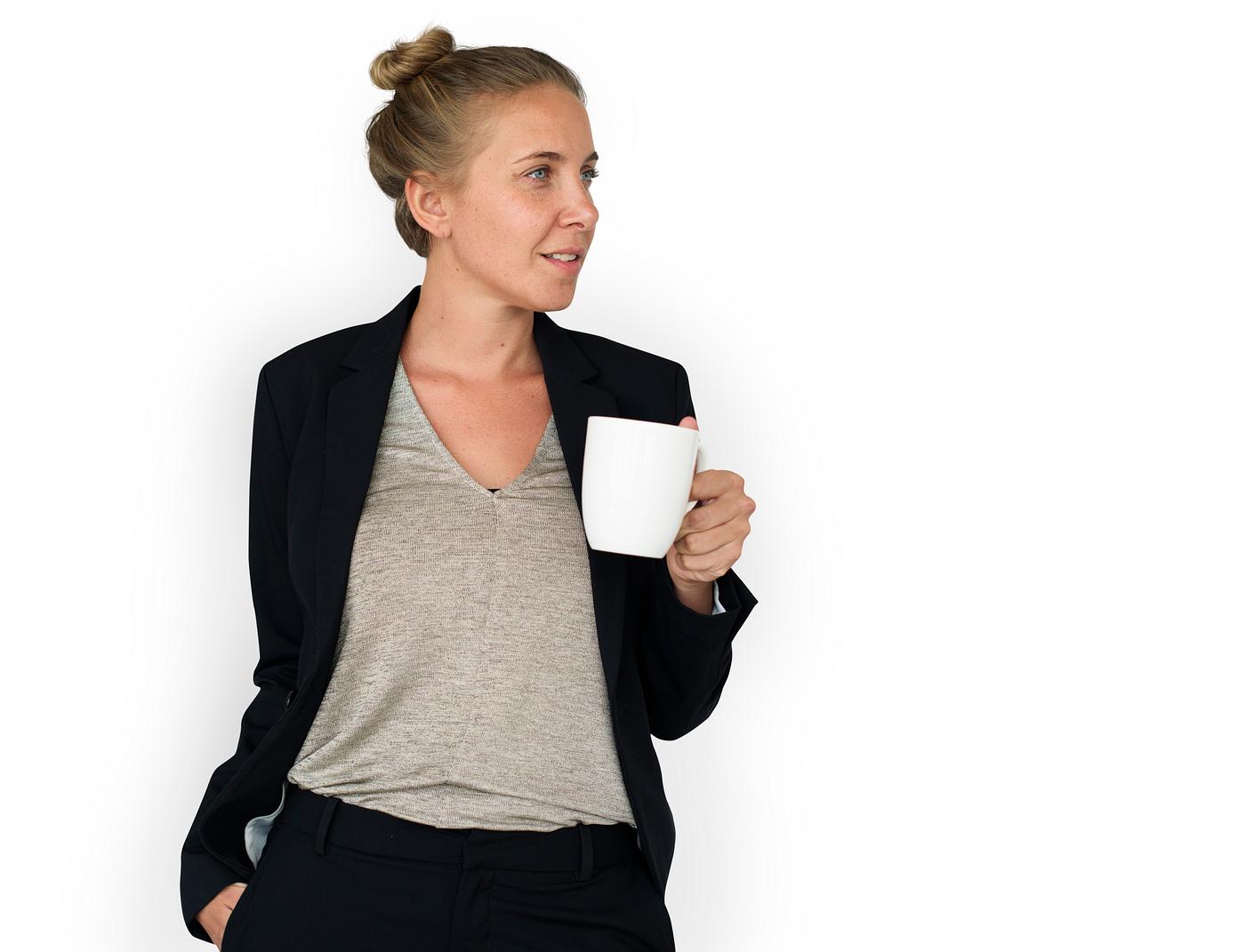 isolated on white, profile, drinking, hot drink, tea, drink, thirsty, bun, coffee, woman, suit isolated on white, profile, drinking, hot drink, tea, drink, thirsty, bun, coffee, woman, suit