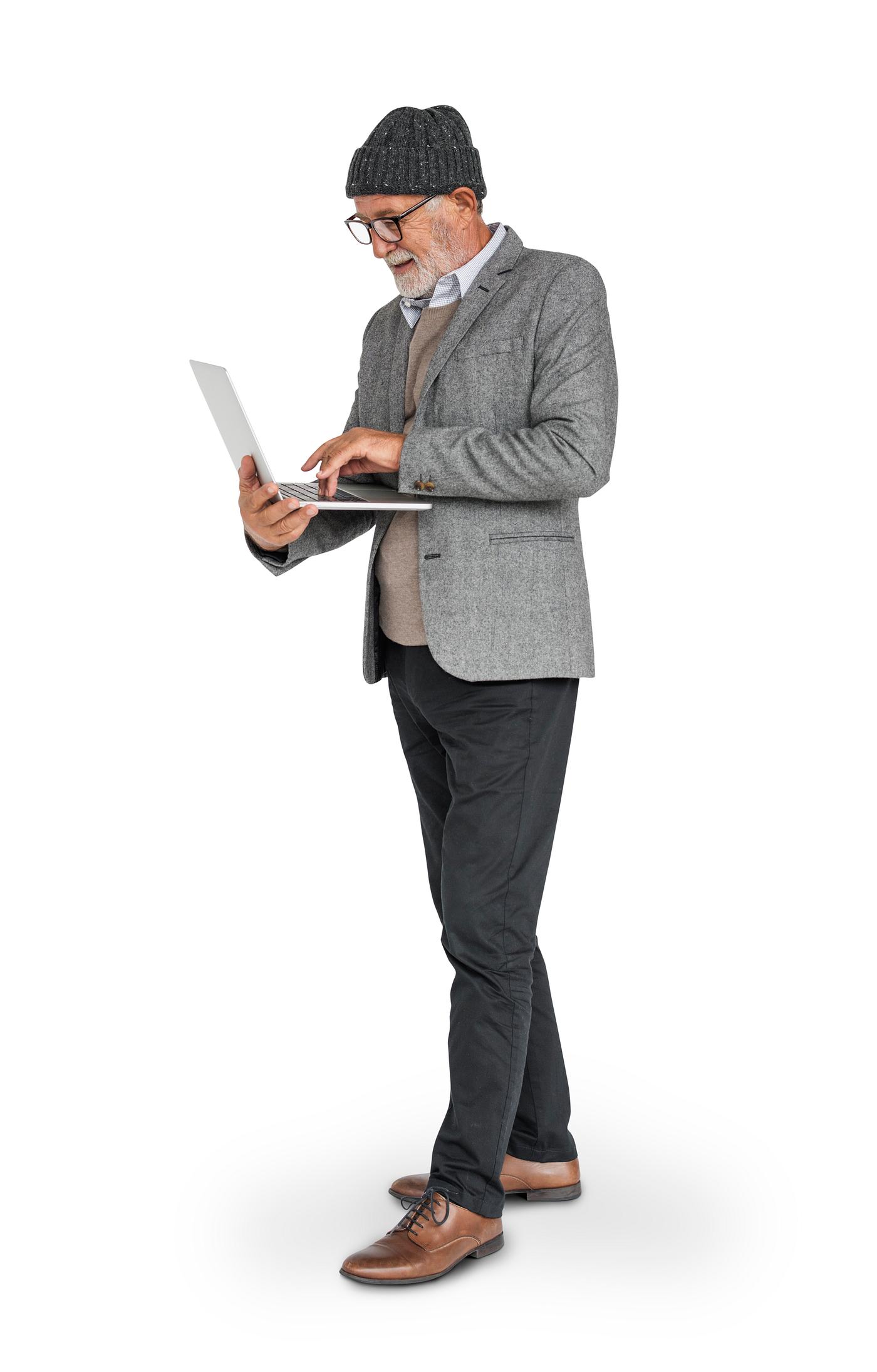 isolated on white, hat, man, senior, elderly, laptop, hold, holding, typing, type, glasses, standing, stand isolated on white, hat, man, senior, elderly, laptop, hold, holding, typing, type, glasses, standing, stand