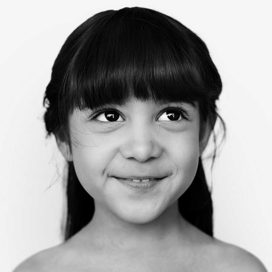 Portrait of a French-Thai girl Portrait of a French-Thai girl - alone, black and white, cheerful, child, children, elementary, elementary age, emotion…