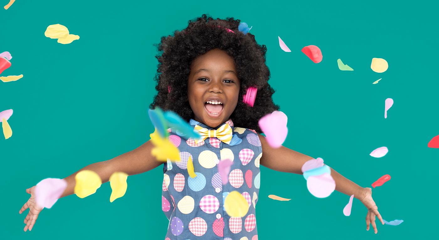 Girl with an afro enjoying colorful confetti - expression, studio, person, little, people, positivity, kid, child, girl,... Girl with an afro enjoying colorful confetti - expression, studio, person, little, people, positivity, kid, child, girl,...