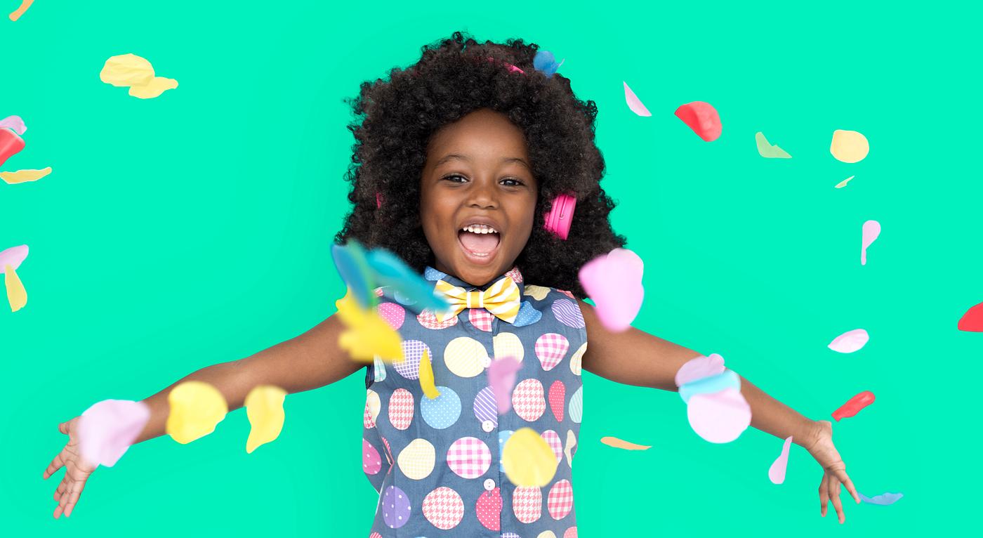 Girl with an afro enjoying colorful confetti - expression, studio, person, little, people, positivity, kid, child, girl,... Girl with an afro enjoying colorful confetti - expression, studio, person, little, people, positivity, kid, child, girl,...