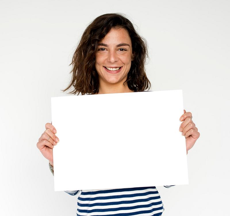 Woman Hold Blank Paper Board Copy Space. 