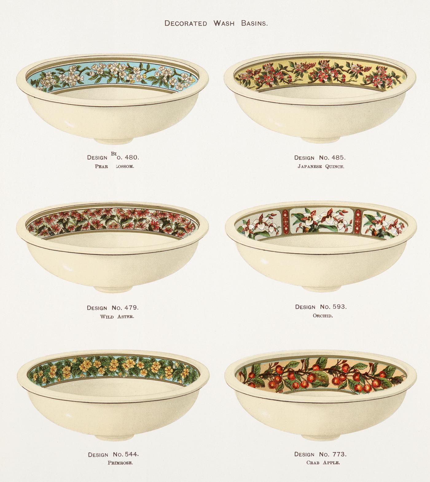 Vintage Illustration of decorated wash basins published in 1884 by J.L. Mott Iron Works. Original from New York public... Vintage Illustration of decorated wash basins published in 1884 by J.L. Mott Iron Works. Original from New York public...