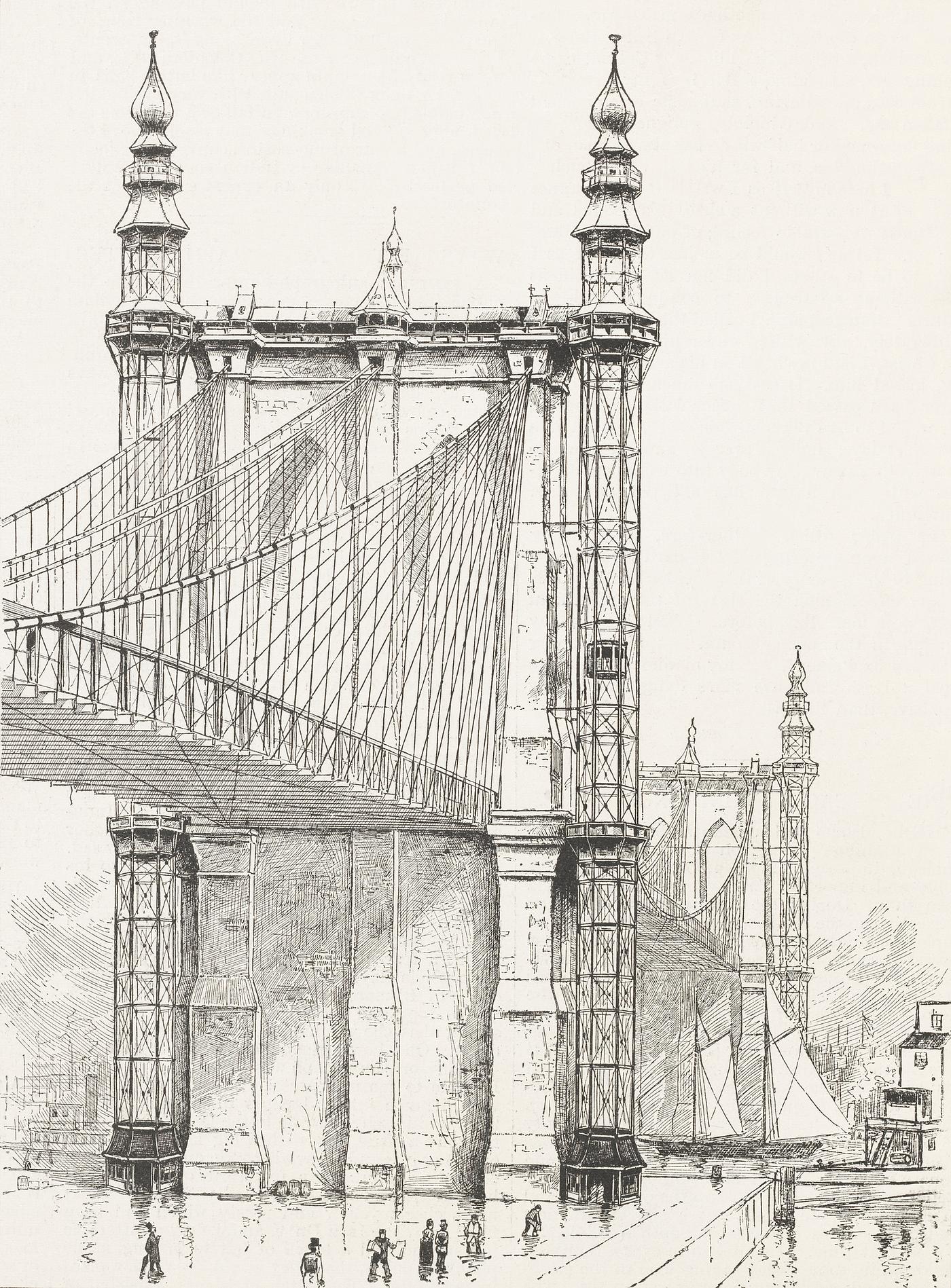 Antique illustration of the Brooklyn Bridge towers published in 1886 by Frank Leslie (1821-1880). Original from New York... Antique illustration of the Brooklyn Bridge towers published in 1886 by Frank Leslie (1821-1880). Original from New York...
