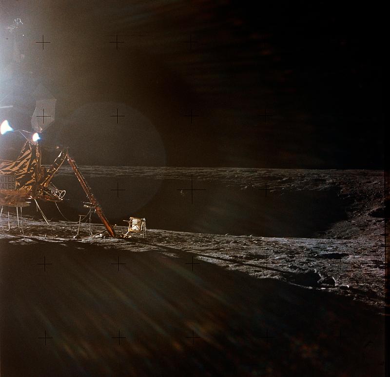 Moon landing photograph A photograph of the Apollo 12 lunar landing site taken during the extravehicular activity (EVA) of astronauts Charles Conrad…