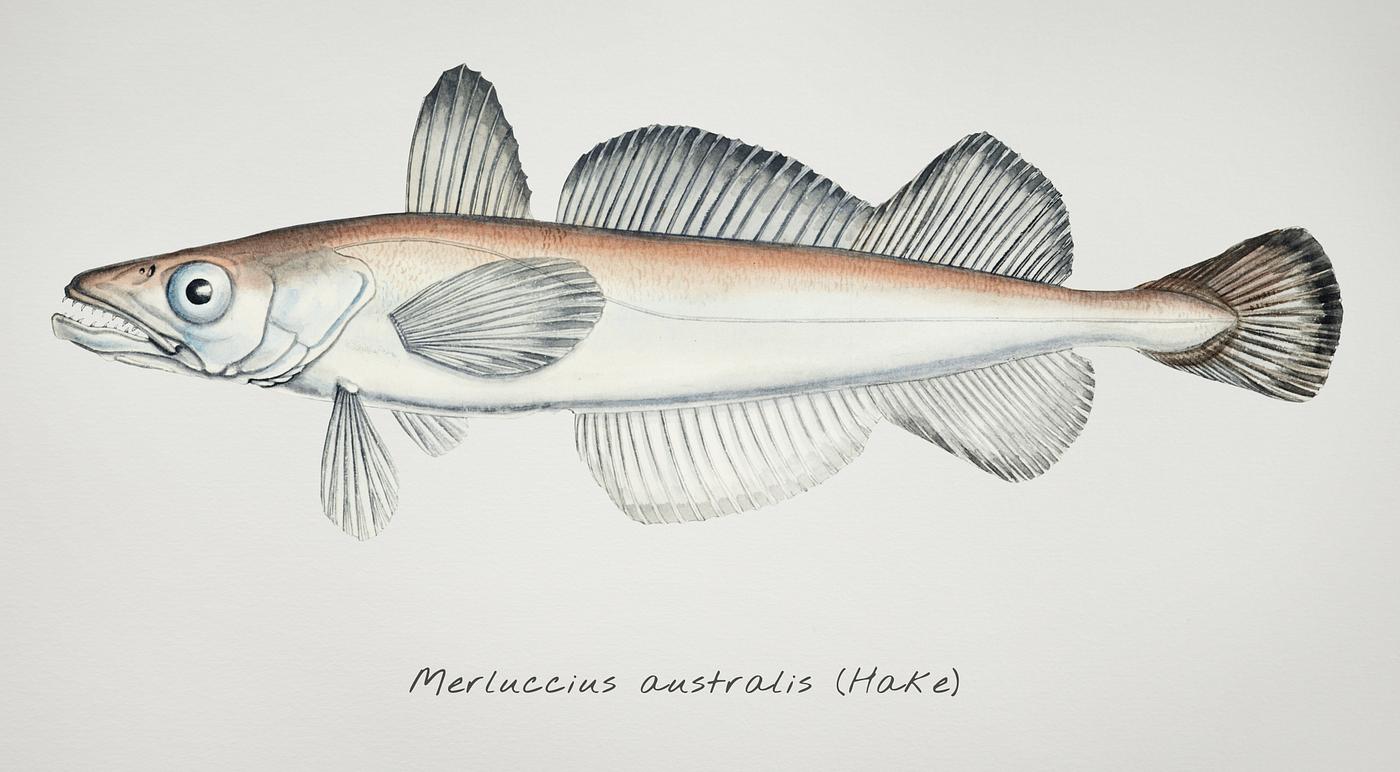 Drawing of antique fish Merluccius australis (NZ) : Hake drawn by Fe. Clarke (1849-1899) Drawing of antique fish Merluccius australis (NZ) : Hake drawn by Fe. Clarke (1849-1899)