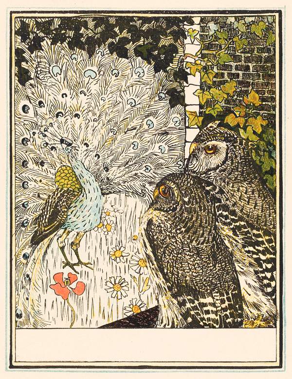 Pronkende pauw en twee uilen (1895) print in high resolution by Theo van Hoytema. Original from The Rijksmuseum. Digitally…