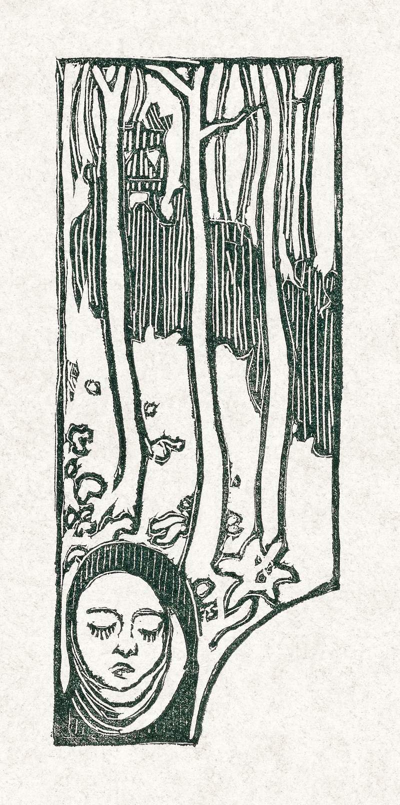 Illustration with head of a woman with closed eyes and trees accompanying poem in Paul Verlaine's collection of poems Sagesse…
