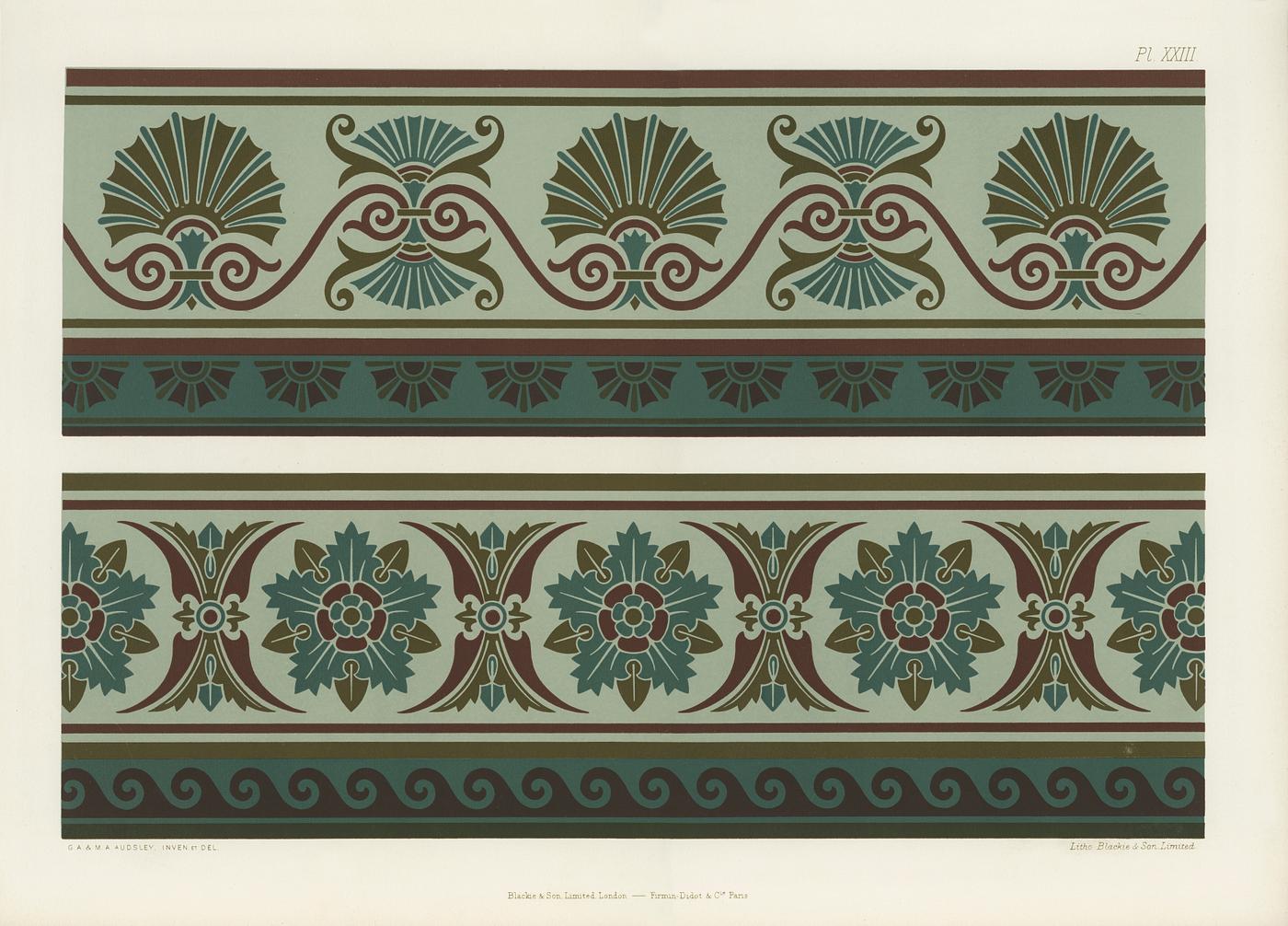 Neo-Grec antique pattern from The Practical Decorator and Ornamentist (1892) by G.A Audsley and M.A. Audsley. Digitally... Neo-Grec antique pattern from The Practical Decorator and Ornamentist (1892) by G.A Audsley and M.A. Audsley. Digitally...