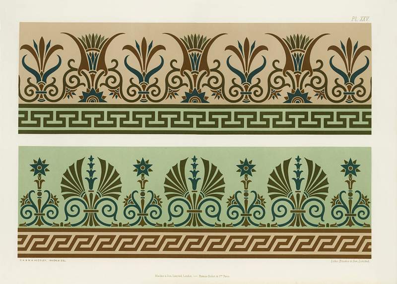 Neo-Grec pattern from The Practical Decorator and Ornamentist (1892) by G.A Audsley and M.A. Audsley. Digitally enhanced from our own original first edition of the publication. Neo-Grec pattern from The Practical Decorator and Ornamentist (1892) by G.A Audsley and M.A. Audsley. Digitally enhanced from…