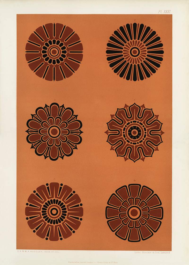Neo-Grec pattern from The Practical Decorator and Ornamentist (1892) by G.A Audsley and M.A. Audsley. Digitally enhanced from our own original first edition of the publication. Neo-Grec pattern from The Practical Decorator and Ornamentist (1892) by G.A Audsley and M.A. Audsley. Digitally enhanced from…