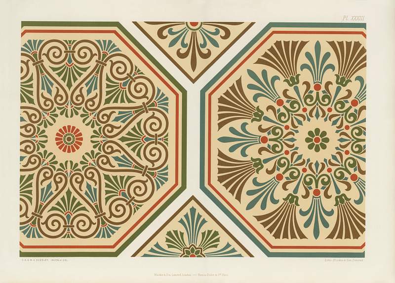 Neo-Grec pattern from The Practical Decorator and Ornamentist (1892) by G.A Audsley and M.A. Audsley. Digitally enhanced from our own original first edition of the publication. Neo-Grec pattern from The Practical Decorator and Ornamentist (1892) by G.A Audsley and M.A. Audsley. Digitally enhanced from…