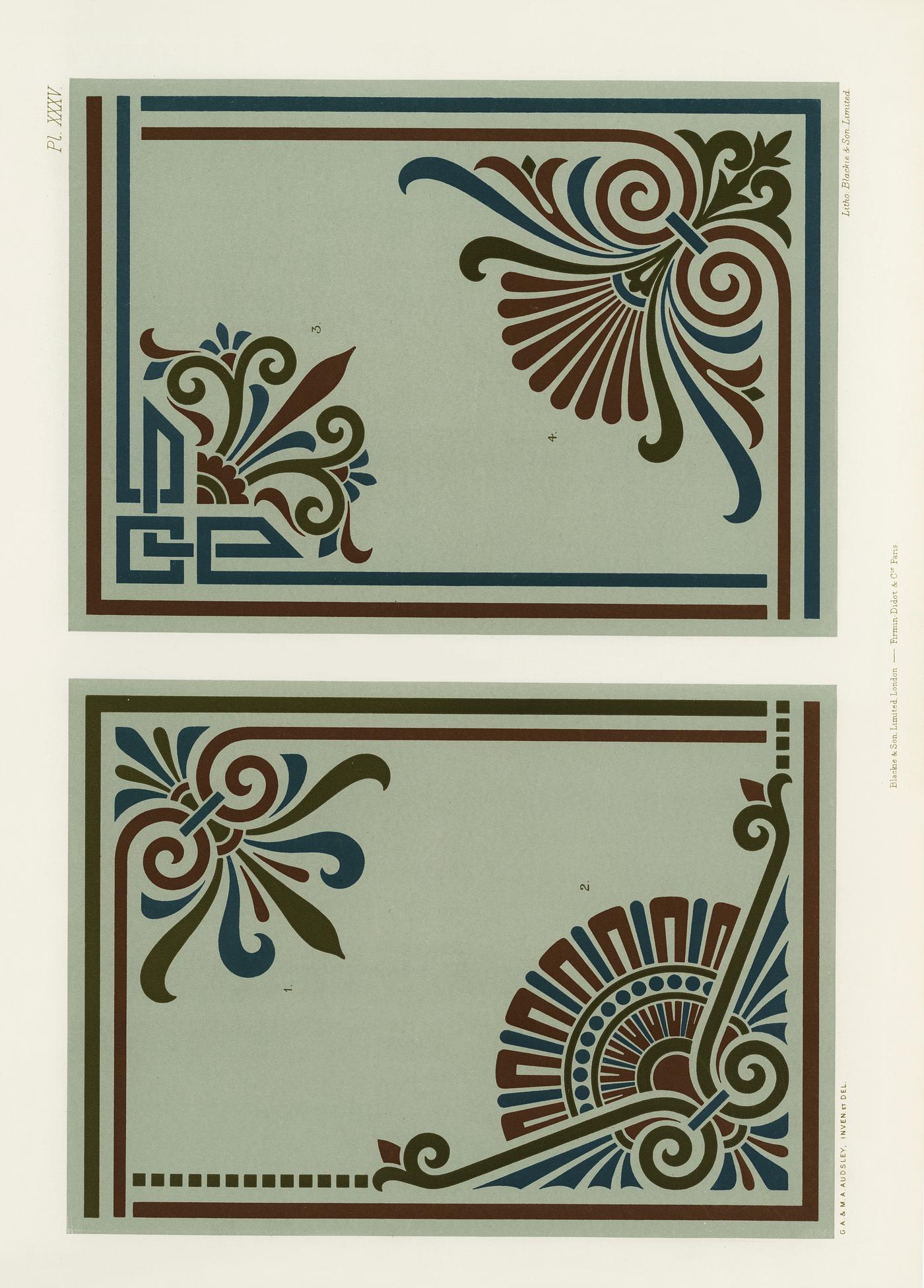 Neo-Grec pattern from The Practical Decorator and Ornamentist (1892) by G.A Audsley and M.A. Audsley. Digitally enhanced... Neo-Grec pattern from The Practical Decorator and Ornamentist (1892) by G.A Audsley and M.A. Audsley. Digitally enhanced...