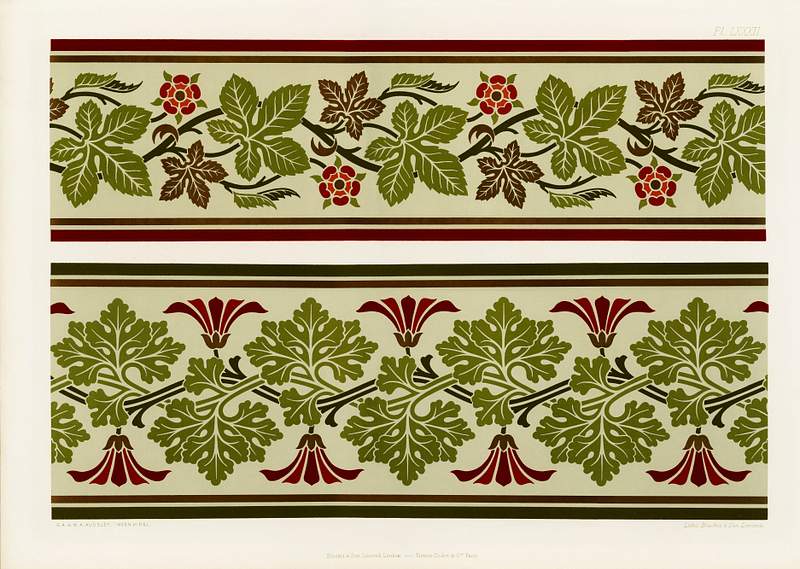 Floral pattern from The Practical Decorator and Ornamentist (1892) by G.A Audsley and M.A. Audsley. Digitally enhanced from our own original first edition of the publication. Floral pattern from The Practical Decorator and Ornamentist (1892) by G.A Audsley and M.A. Audsley. Digitally enhanced from…