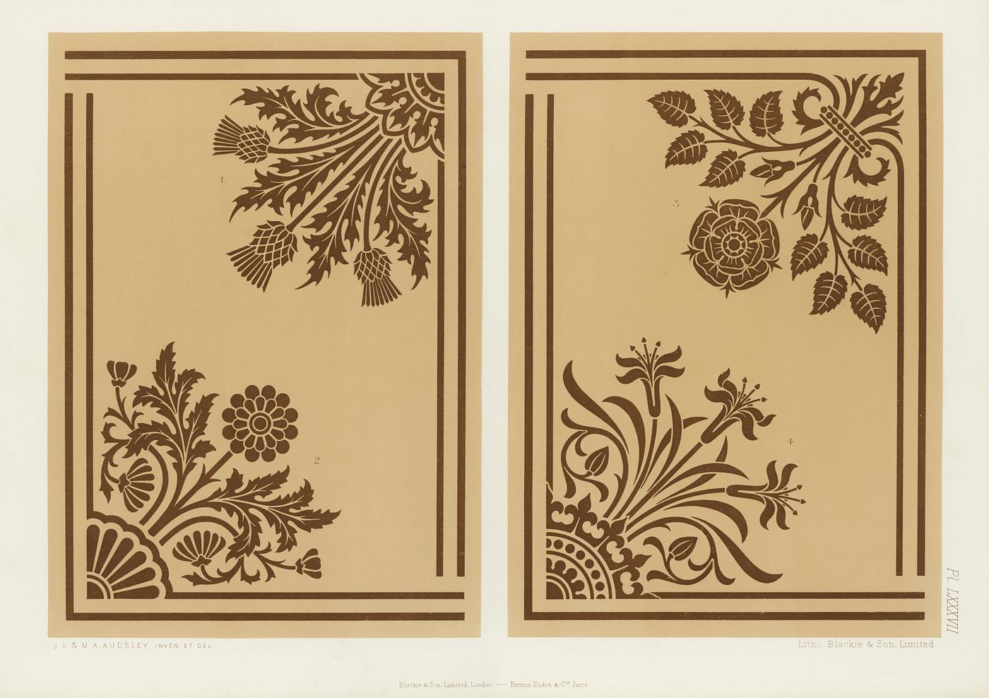 Floral designs from The Practical Decorator and Ornamentist (1892) by G.A Audsley and M.A. Audsley. Digitally enhanced from... Floral designs from The Practical Decorator and Ornamentist (1892) by G.A Audsley and M.A. Audsley. Digitally enhanced from...
