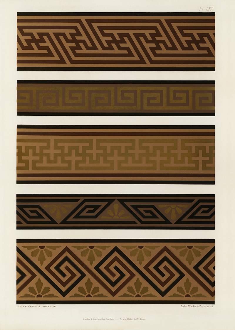 Vintage Japanese pattern from The Practical Decorator and Ornamentist (1892) by G.A Audsley and M.A. Audsley. Digitally enhanced from our own original first edition of the publication. Vintage Japanese pattern from The Practical Decorator and Ornamentist (1892) by G.A Audsley and M.A. Audsley. Digitally…