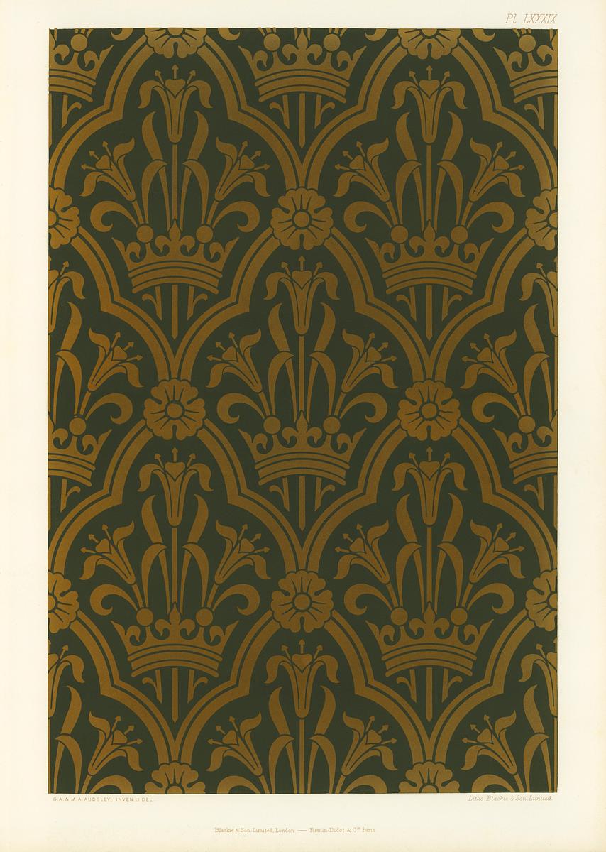 Lily and crown pattern from The Practical… | Free public domain illustration Lily and crown pattern from The Practical Decorator and Ornamentist (1892) by G.A Audsley and M.A. Audsley. Digitally…
