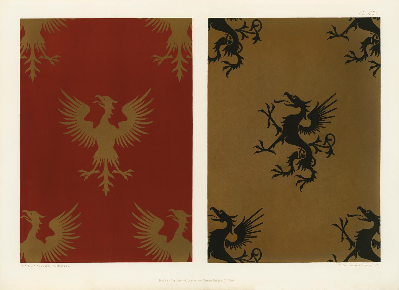 Seamless pattern featuring griffin from The Practical Decorator and Ornamentist (1892) by G.A Audsley and M.A. Audsley.... Seamless pattern featuring griffin from The Practical Decorator and Ornamentist (1892) by G.A Audsley and M.A. Audsley....