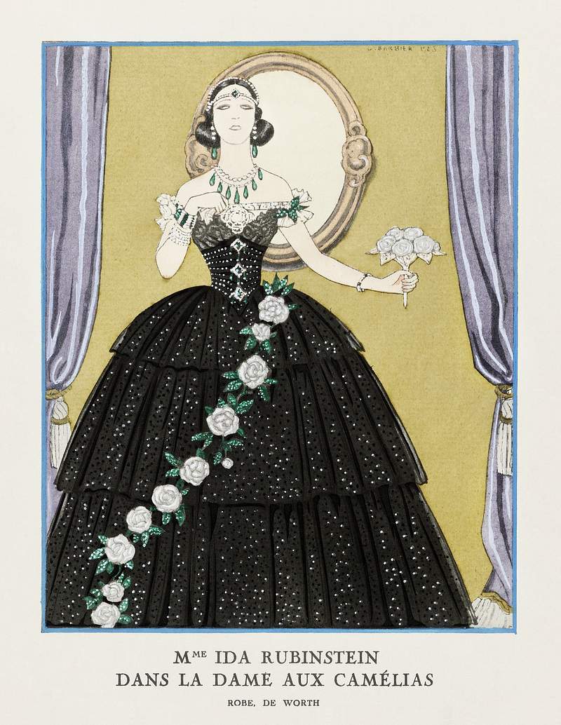 Mme Ida Rubinstein dans "La Dame aux Camélias" (1923) fashion illustration in high resolution by George Barbier.…