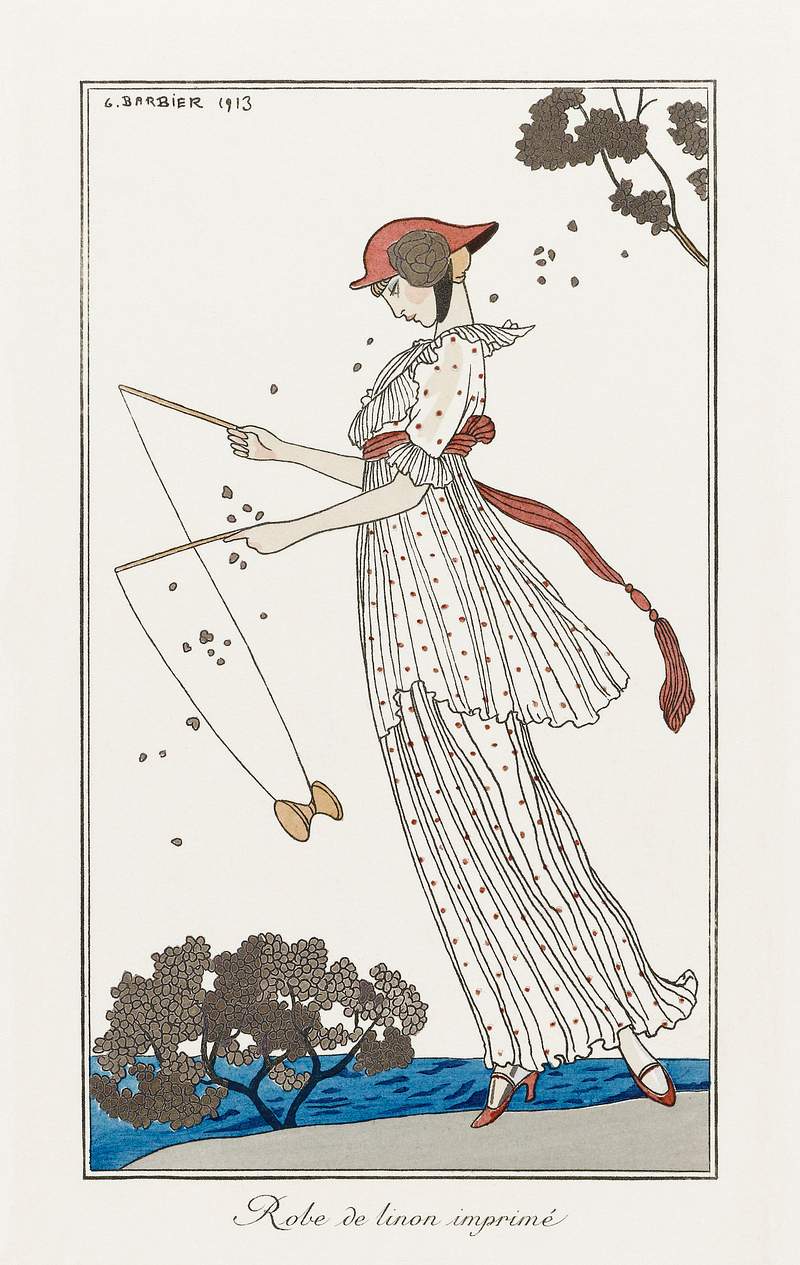 Costumes Parisiens: Robe de linon imprimé from Journal des Dames et des Modes (1913) fashion illustration in high…