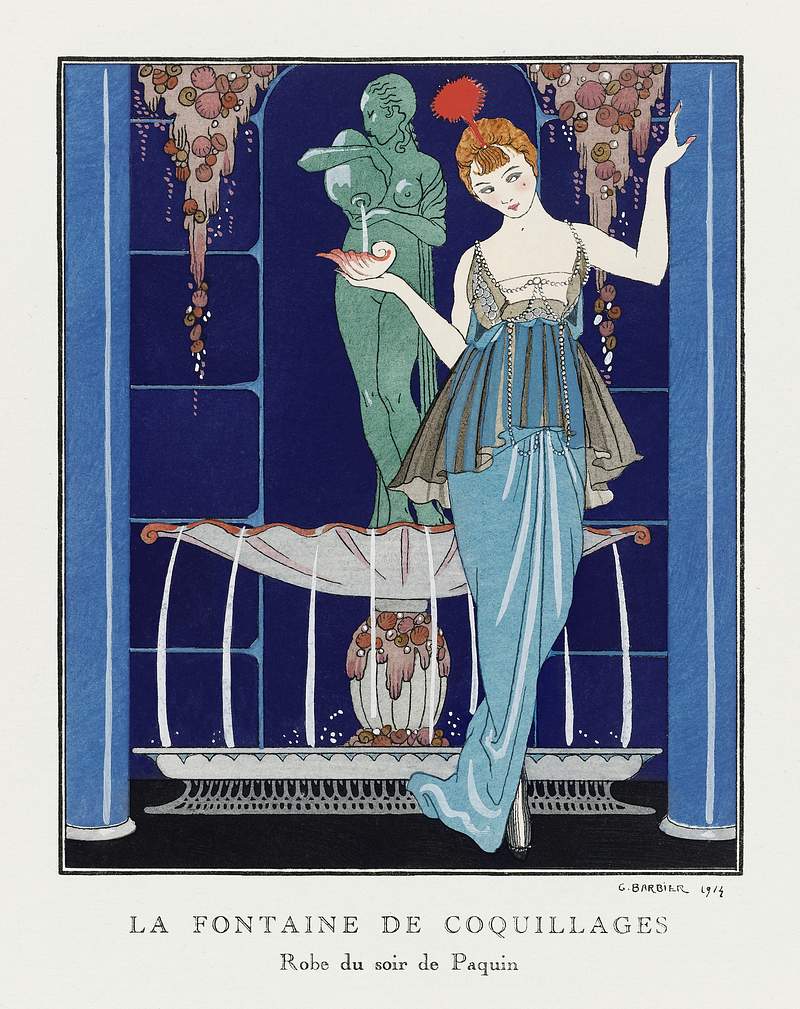 La Fontaine de coquillages: Robe du soir de Paquin (1914) fashion illustration in high resolution by George Barbier. Original…
