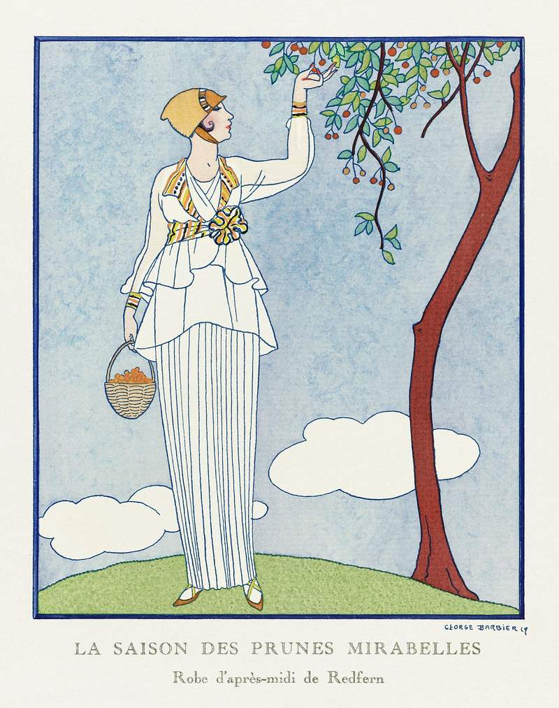 La saison des prunes mirabelles: Robe d'après-midi de Redfern (1914) fashion illustration in high resolution by George…