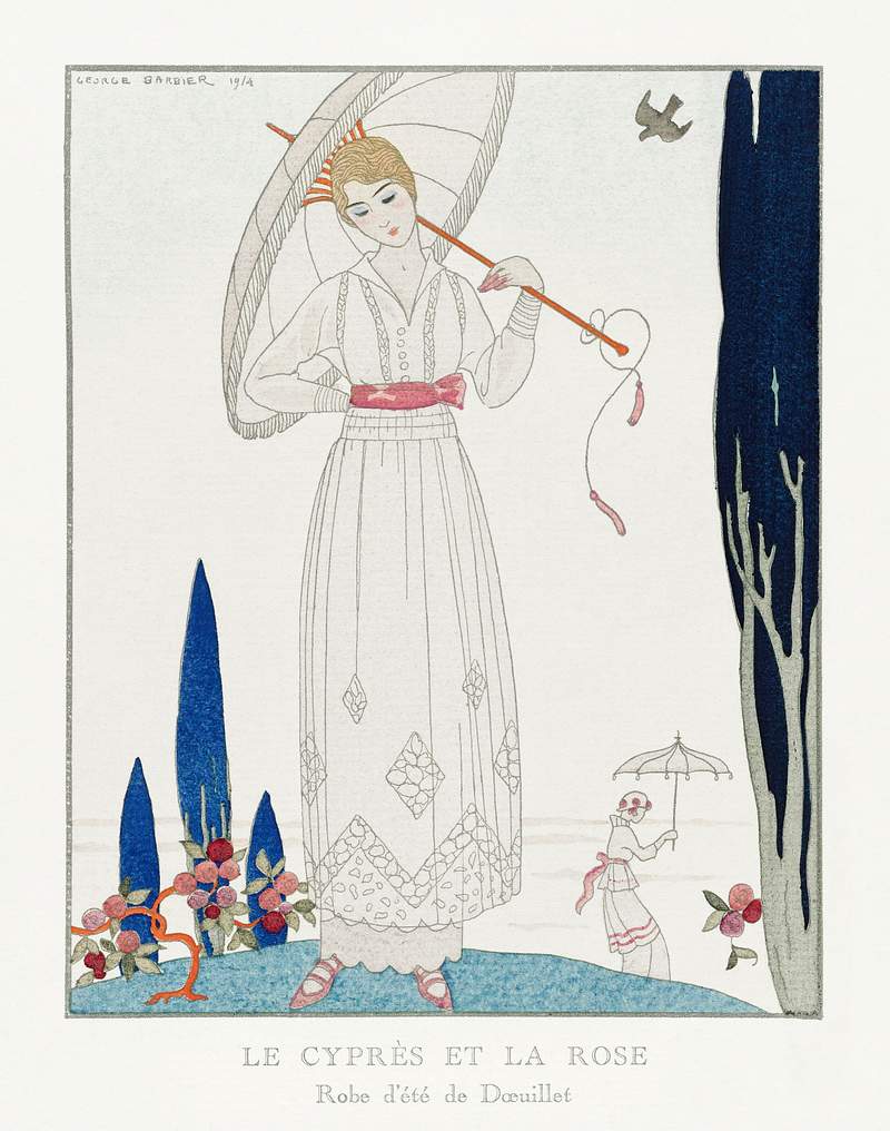 The cypress and the rose: Summer dress by Doeuillet from Gazette du Bon Ton No. 7 Pl. 70 (1914) fashion illustration in high…