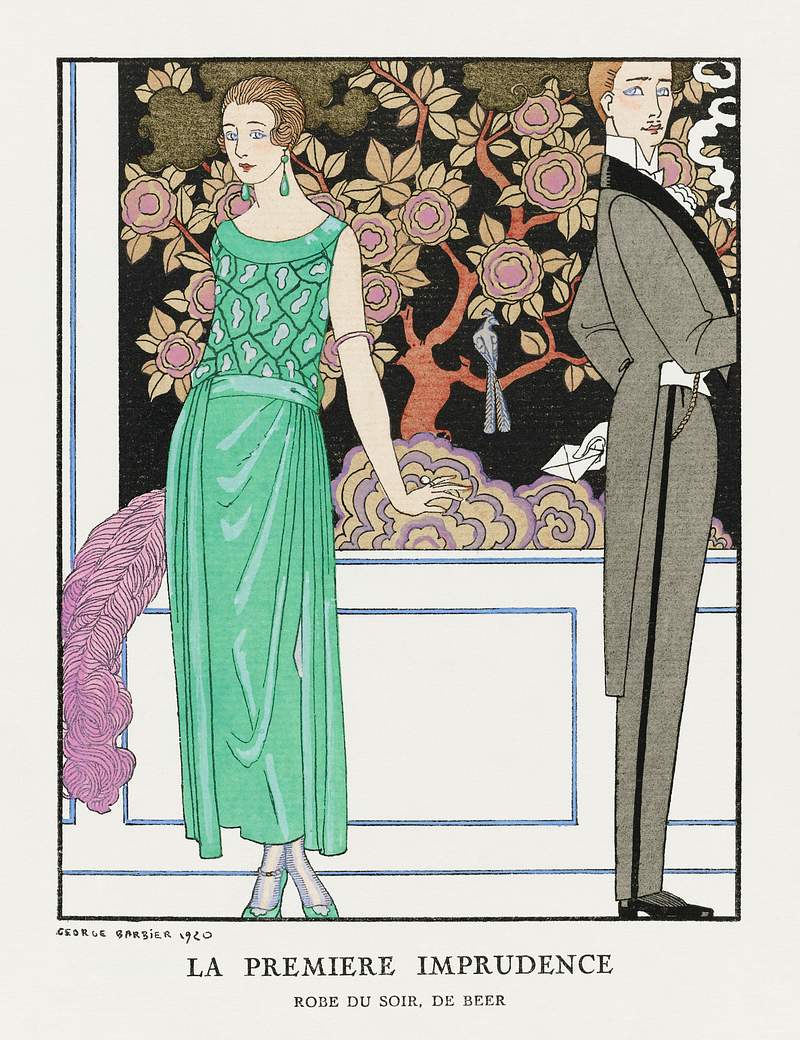 La premiere imprudence: Robe du soir, de Beer (1921) fashion illustration in high resolution by George Barbier. Original from…